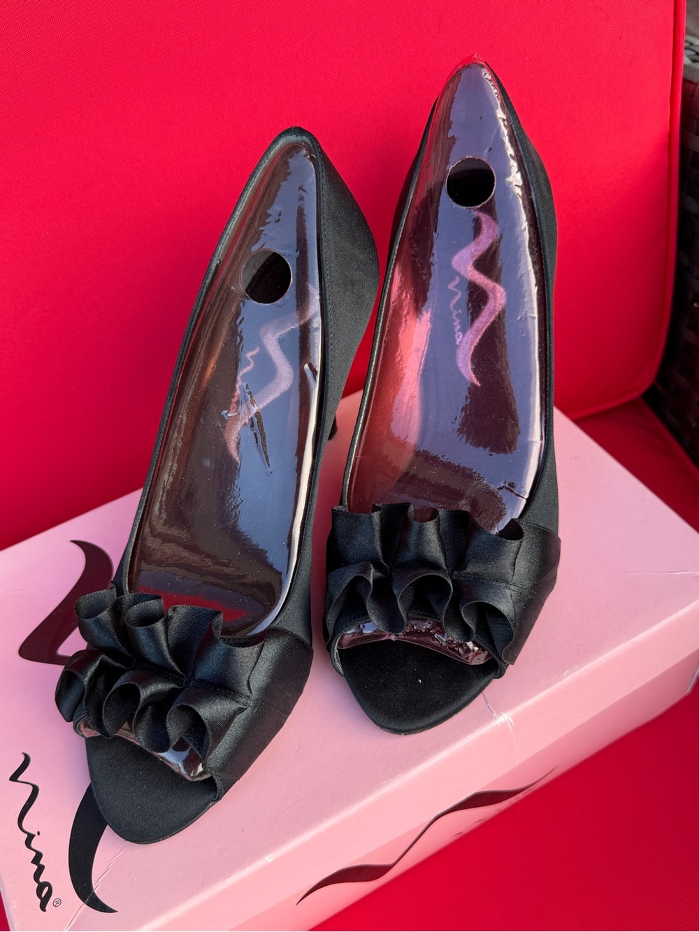 Nina black satin open-toe heels with a decorative ruffle Size 8